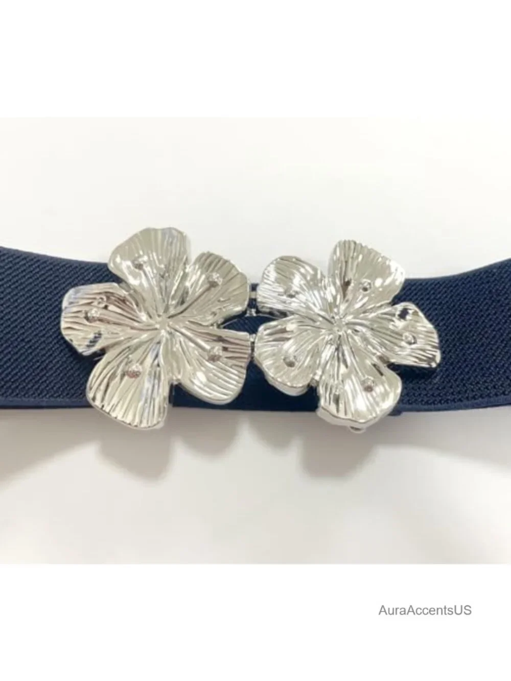 Elastic Stretch Waist Belt with Metal Flower Buckle